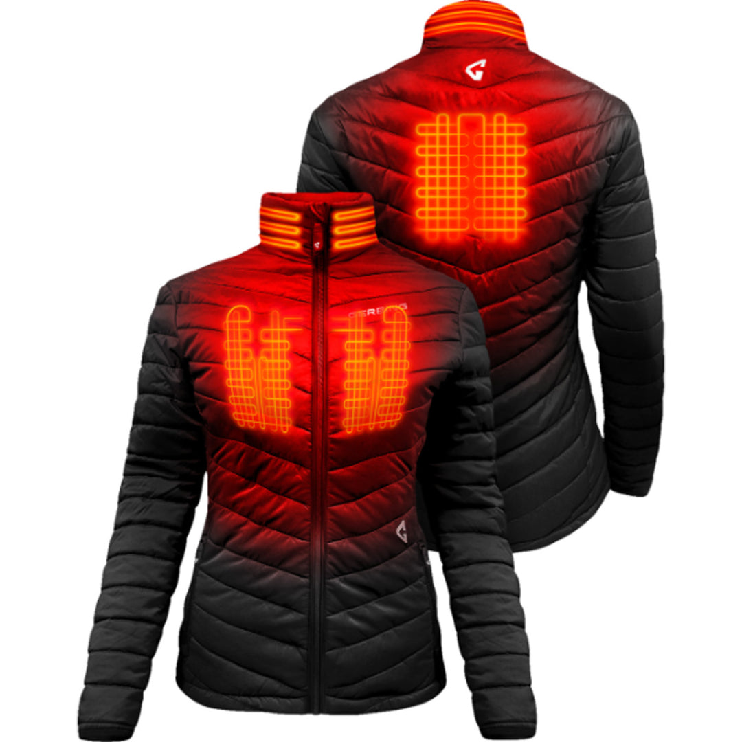 GERBING HEATED CLOTHING Women's 7V Khione Insulated Heated Puffer Jacket 2.0 Black - Front and Rear Views with X-Rays of Heating Elements