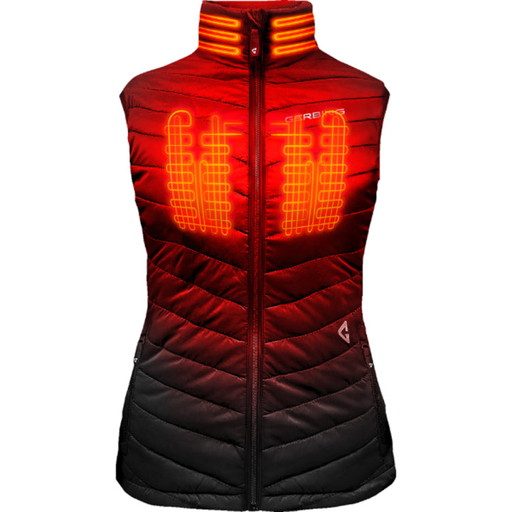 GERBING HEATED CLOTHING Women's 7V Khione Puffer Heated Vest 2.0 Black - Front View with X-Ray of Heating Elements