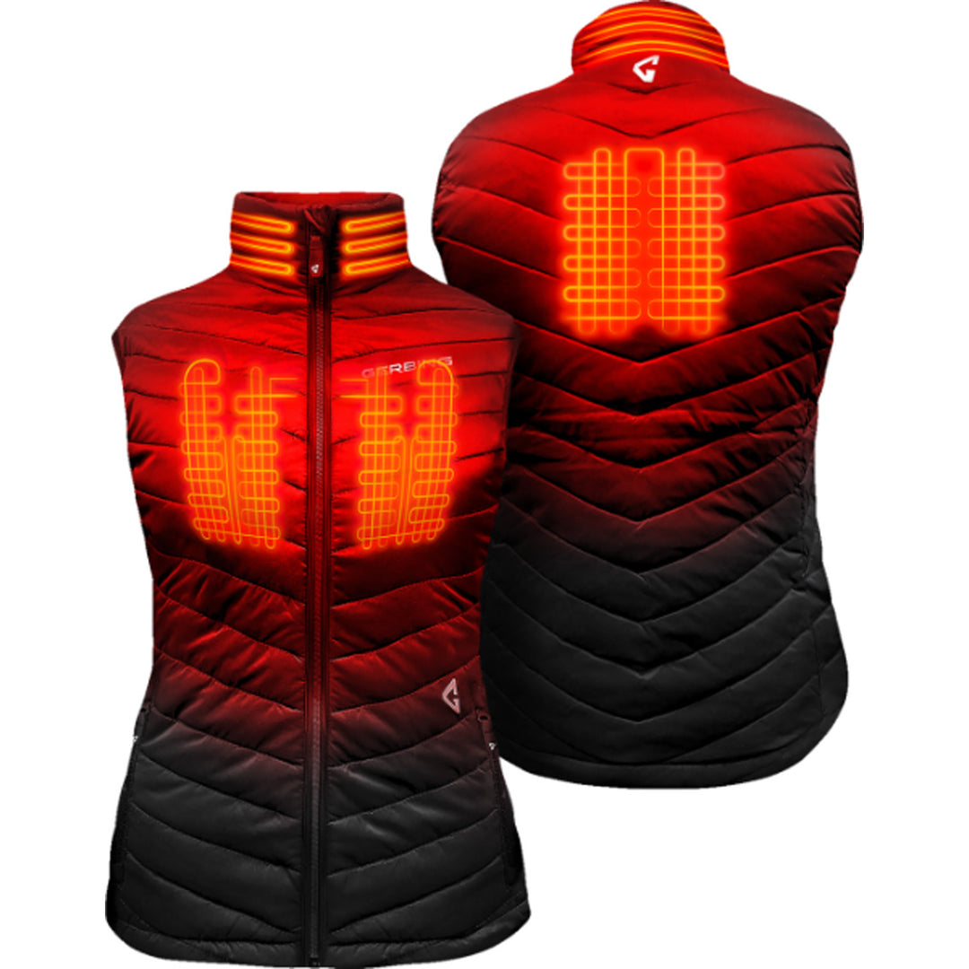 GERBING HEATED CLOTHING Women's 7V Khione Puffer Heated Vest 2.0 Black - Front and Rear Views with X-Rays of Heating Elements