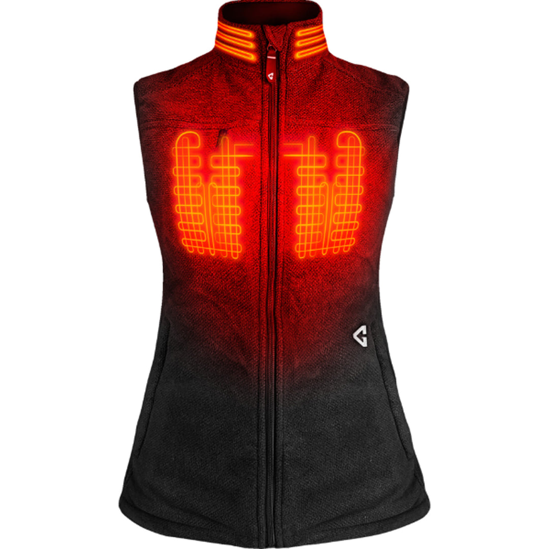 GERBING HEATED CLOTHING Women's 7V Thermite Fleece Heated Vest 2.0 Black - Front View with X-Ray of Heating Elements