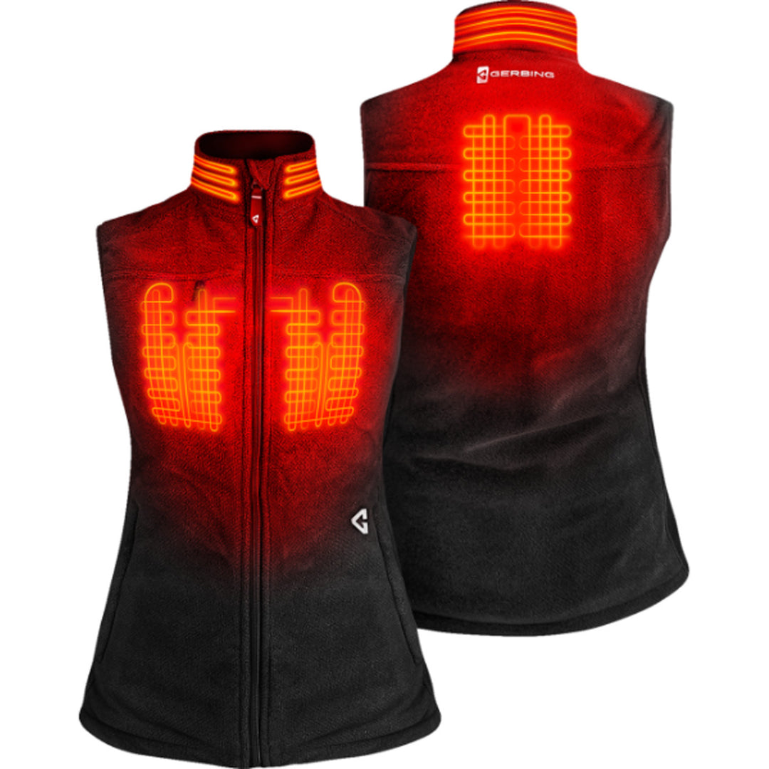 GERBING HEATED CLOTHING Women's 7V Thermite Fleece Heated Vest 2.0 Black - Front and Rear Views with X-Rays of Heating Elements