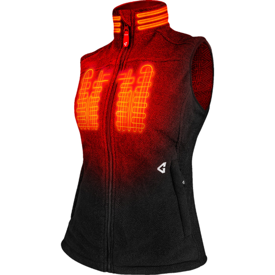 GERBING HEATED CLOTHING Women's 7V Thermite Fleece Heated Vest 2.0 Black - Front Side View with X-Ray of Heating Elements