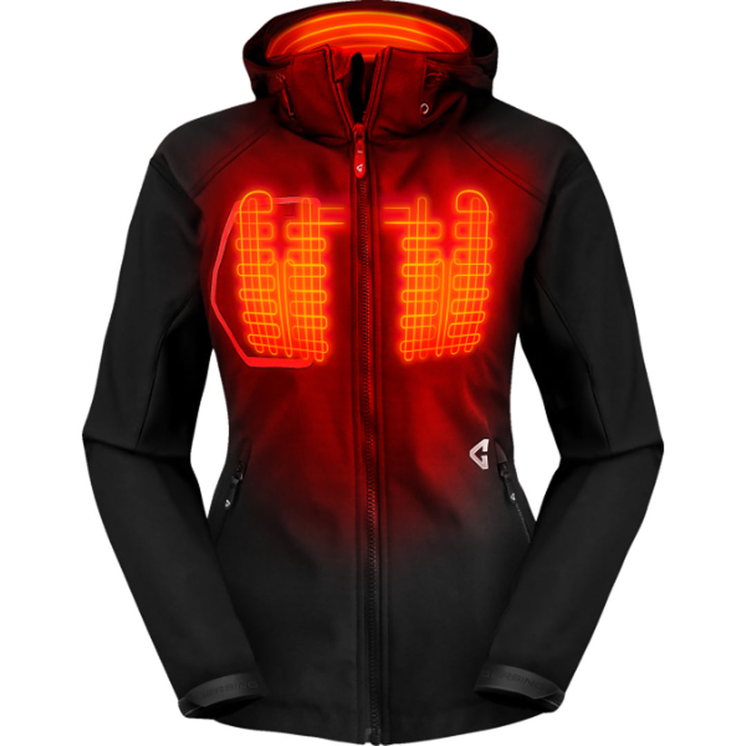 GERBING HEATED CLOTHING Women's 7V Torrid Softshell Heated Jacket 2.0 Black - Front View with X-Ray of Heating Elements