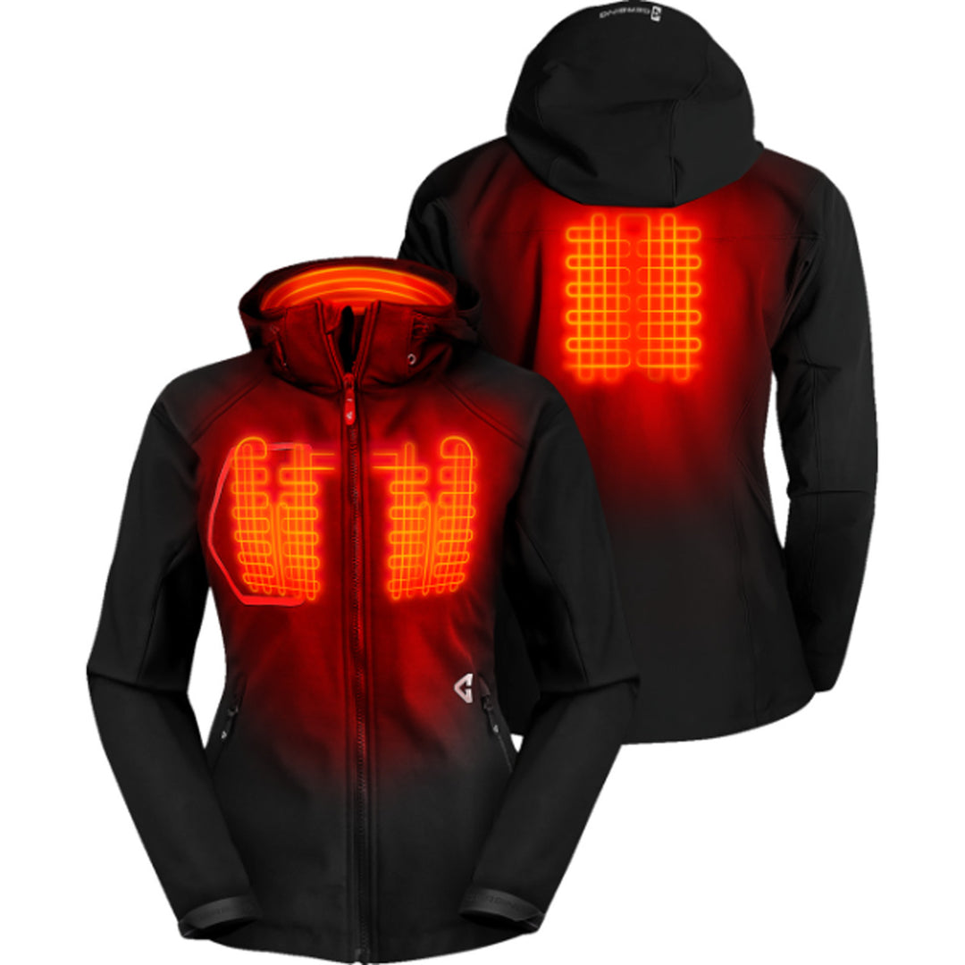 GERBING HEATED CLOTHING Women's 7V Torrid Softshell Heated Jacket 2.0 Black - Front and Rear Views with X-Rays of Heating Elements