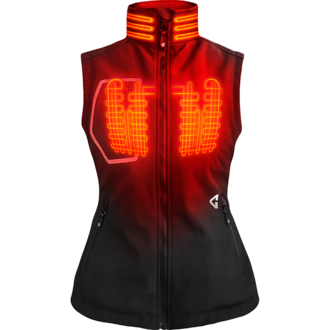 GERBING HEATED CLOTHING Women's 7V Torrid Softshell Heated Vest 2.0 Black - Front View with X-Ray of Heating Elements