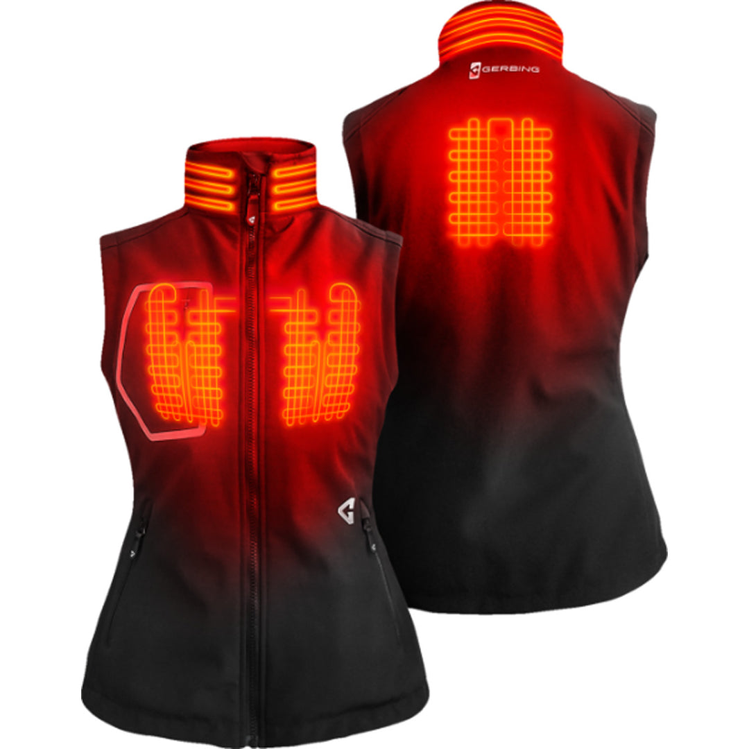 GERBING HEATED CLOTHING Women's 7V Torrid Softshell Heated Vest 2.0 Black - Front and Rear Views with X-Rays of Heating Elements