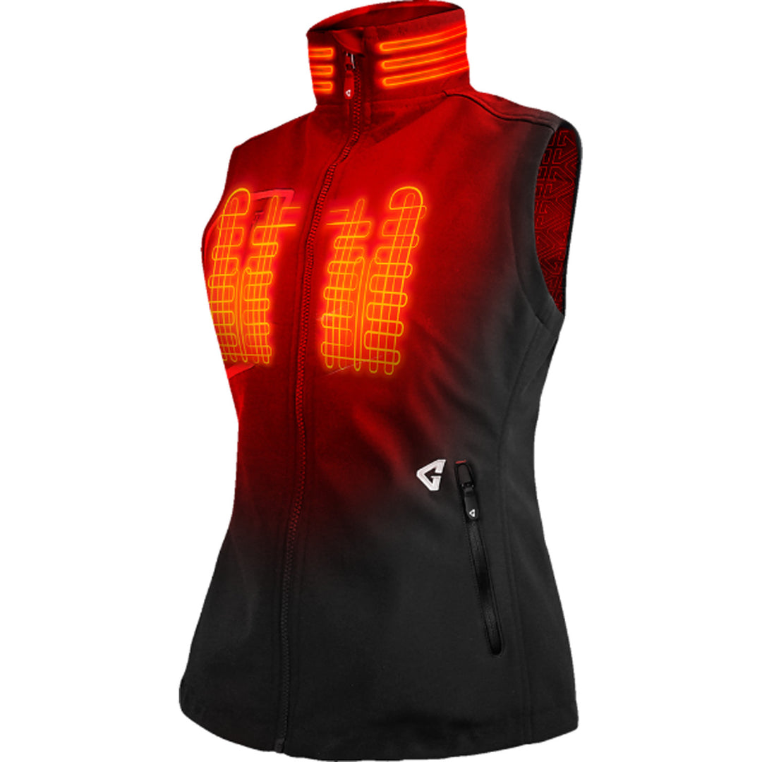 GERBING HEATED CLOTHING Women's 7V Torrid Softshell Heated Vest 2.0 Black - Front Side View with X-Ray of Heating Elements