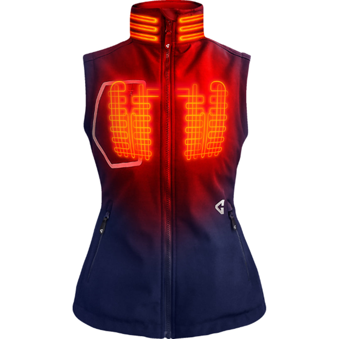 GERBING HEATED CLOTHING Women's 7V Torrid Softshell Heated Vest 2.0 Navy - Front View with X-Ray of Heating Elements