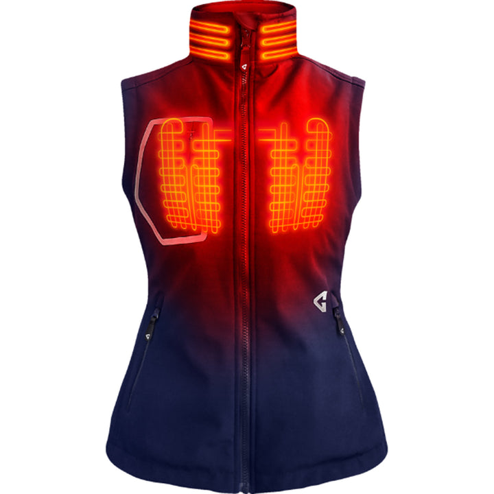GERBING HEATED CLOTHING Women's 7V Torrid Softshell Heated Vest 2.0 Navy - Front View with X-Ray of Heating Elements