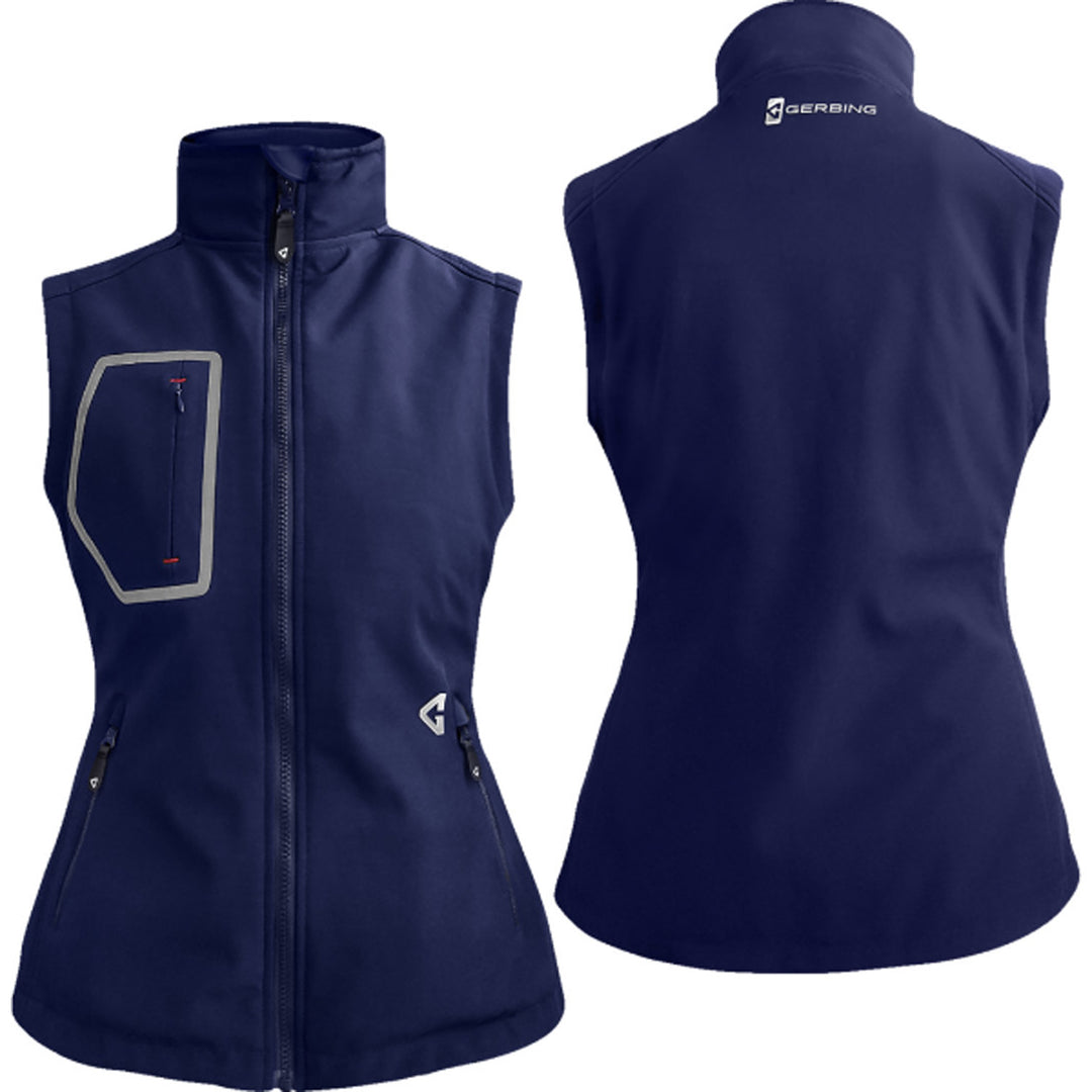 GERBING HEATED CLOTHING Women's 7V Torrid Softshell Heated Vest 2.0 Navy - Front and Rear Views