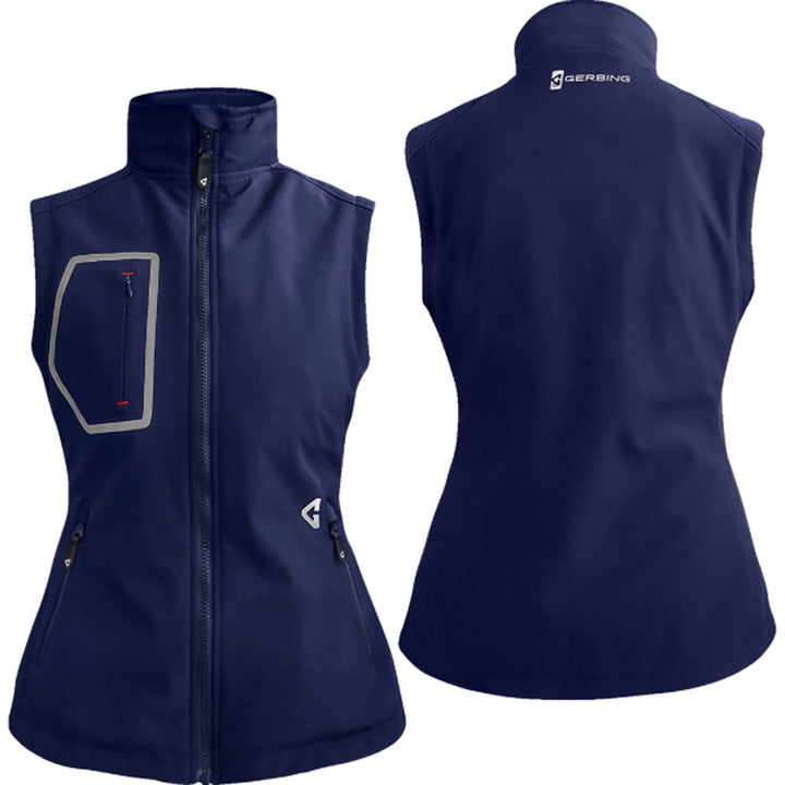 GERBING HEATED CLOTHING Women's 7V Torrid Softshell Heated Vest 2.0 Navy - Front and Rear Views
