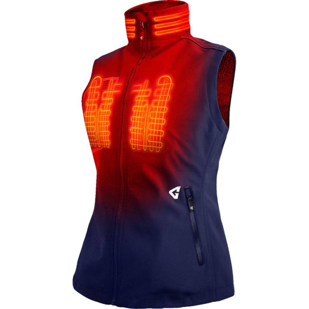 GERBING HEATED CLOTHING Women's 7V Torrid Softshell Heated Vest 2.0 Navy - Front Side View with X-Ray of Heating Elements