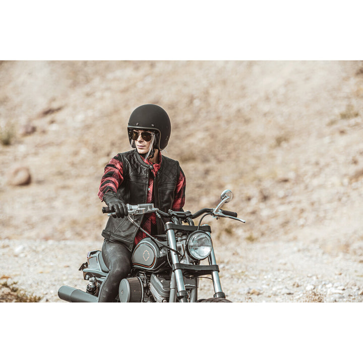 Highway 21 Women's Ava Vest Black - Lifestyle of Rider Wearing Vest while Sitting on Motorcycle