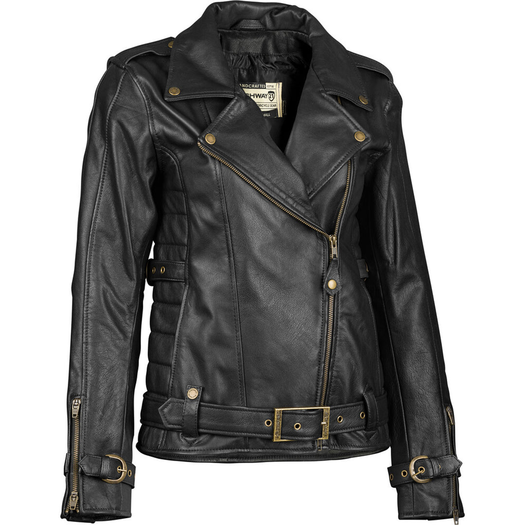 Highway 21 Women's Pearl Jacket Black - Front View with Zipper Partially Unzipped and Lower Lapels Snapped to Either Side