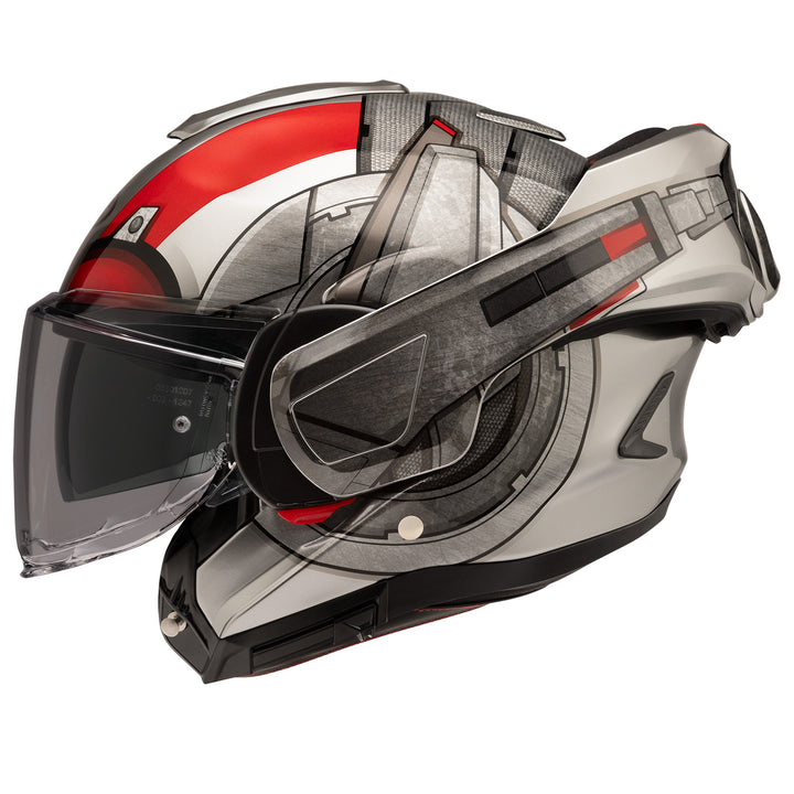 HJC F100 Ant-Man Helmet MC-1 - Left Side View with Chin Bar Flipped Back