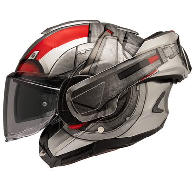 HJC F100 Ant-Man Helmet MC-1 - Left Side View with Chin Bar Flipped Back