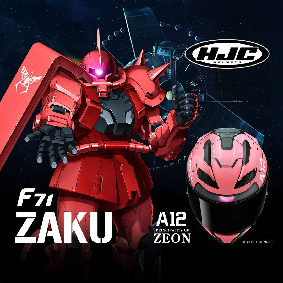 HJC F71 Zaku Bandai Namco Helmet MC-1SF - Graphic Showing Zaku Character from A12: Principality of Zeon next to Helmet