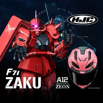 HJC F71 Zaku Bandai Namco Helmet MC-1SF - Graphic Showing Zaku Character from A12: Principality of Zeon next to Helmet