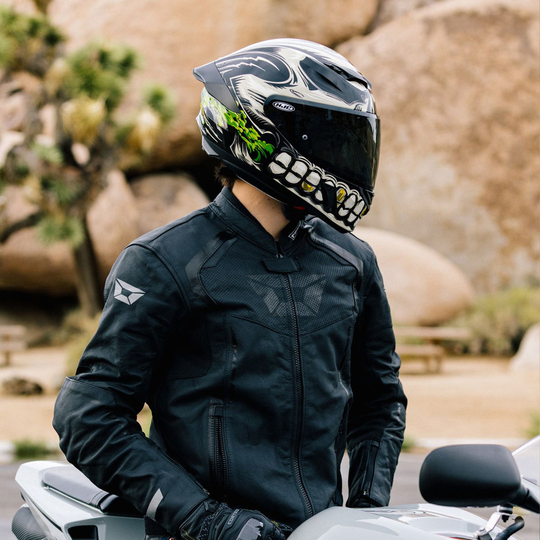 HJC i11 Acid Skull Helmet MC-5 - Lifestyle Shot of Motorcycle Rider Wearing Helmet