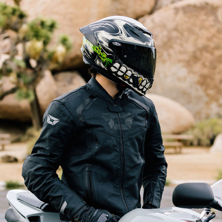 HJC i11 Acid Skull Helmet MC-5 - Lifestyle Shot of Motorcycle Rider Wearing Helmet