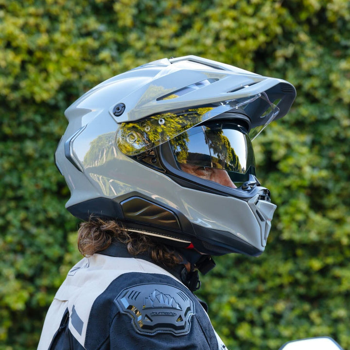 HJC RPHA 60 Solid Helmet Nardo Grey - Lifestyle Shot of Rider Wearing Helmet with Faceshield Raised and Drop Down Sun Visor Lowered