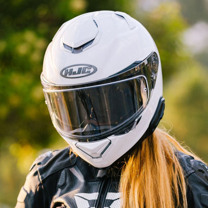 HJC RPHA 72 Solid Helmet White - Lifestyle Close-Up of Rider Wearing Helmet