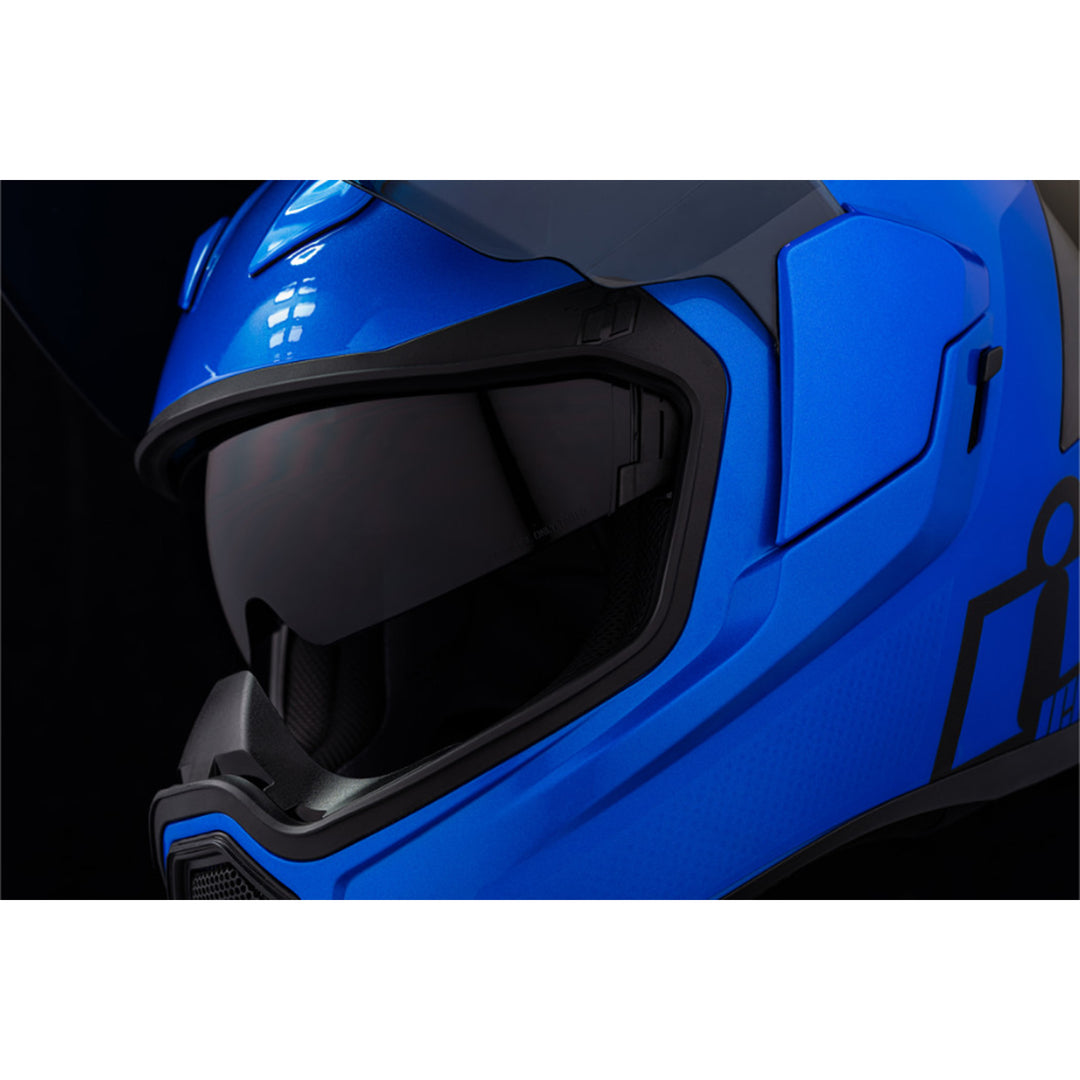 ICON Airflite Jewel MIPS Full Face Motorcycle Helmet Blue - Close-Up of Viewport with Faceshield Raised and Drop Down Sun Visor Lowered