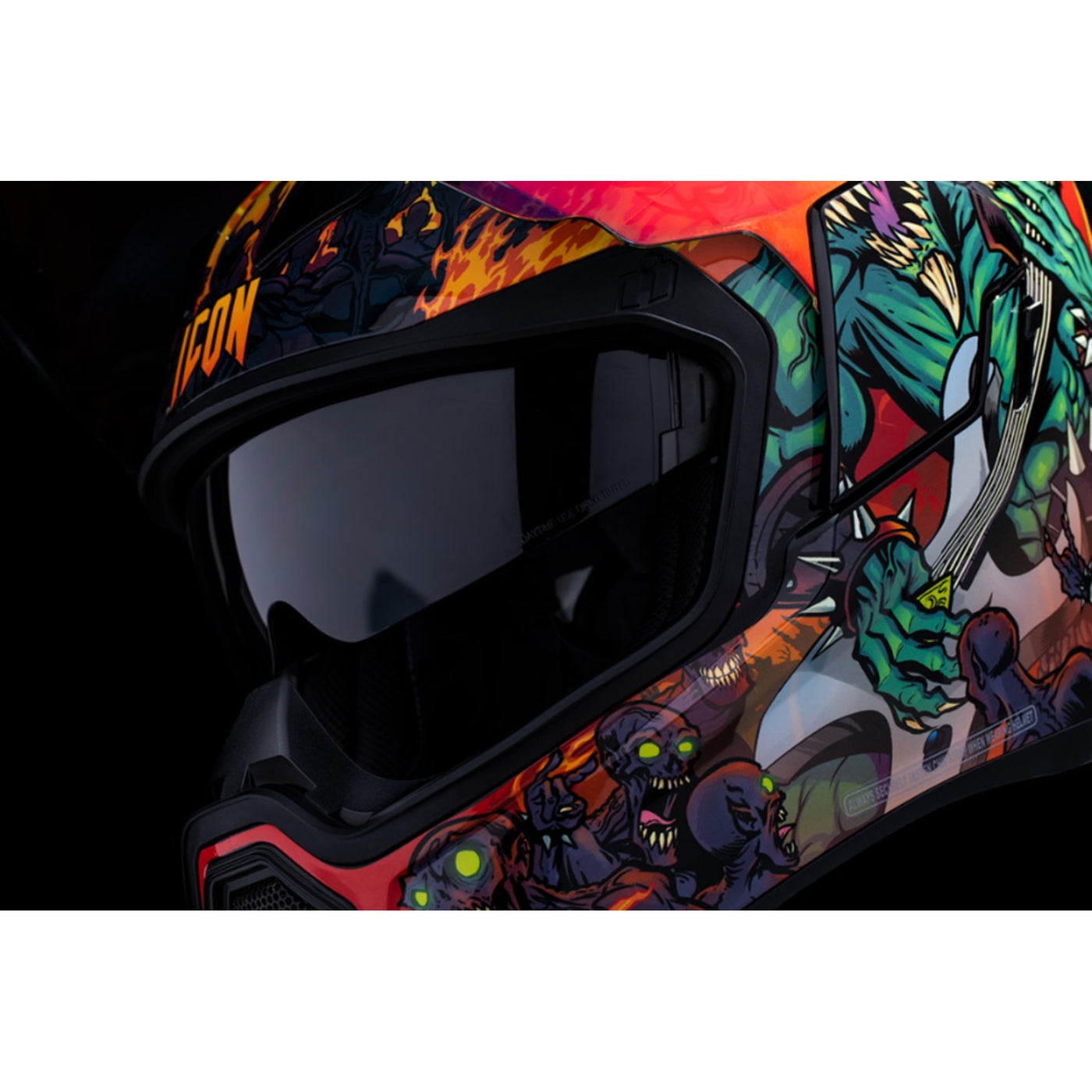 ICON Airflite Blegh MIPS Helmet Red - Close-Up of View Port with Faceshield Raised and Drop Down Sun Visor Lowered