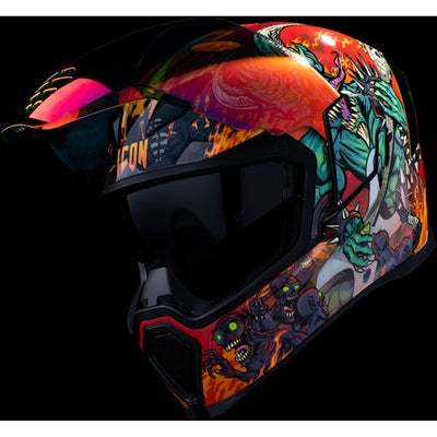 ICON Airflite Blegh MIPS Helmet Red - Front Left Side View in Dark Studio Background, with Faceshield Raised and Drop Down Sun Visor Lowered