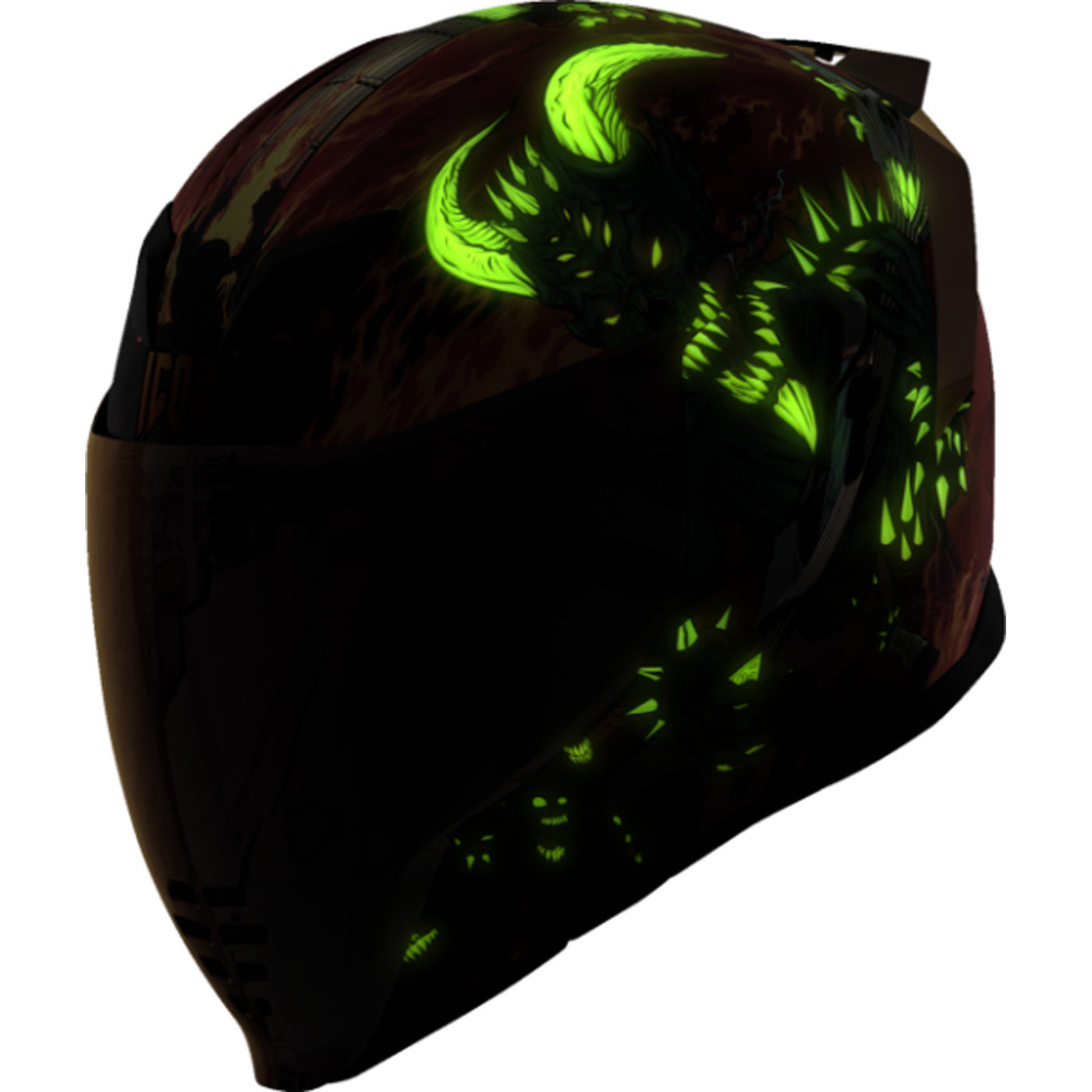 ICON Airflite Blegh MIPS Helmet Red - Front Left Side View of Glow-in-the-Dark Graphics