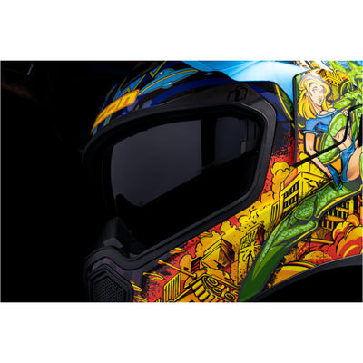 ICON Airflite Bugoid Blitz Helmet Blue - Close-Up of Viewport with Faceshield Raised and Drop Down Sun Visor Lowered