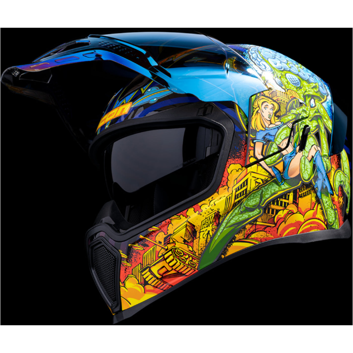 ICON Airflite Bugoid Blitz Helmet Blue - Front Left Side View with Dark Studio Background, Faceshield Raised and Drop Down Sun Visor Lowered