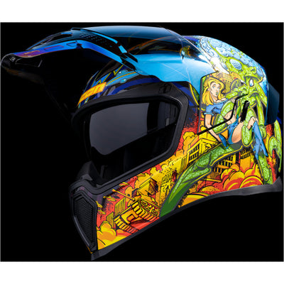 ICON Airflite Bugoid Blitz Helmet Blue - Front Left Side View with Dark Studio Background, Faceshield Raised and Drop Down Sun Visor Lowered