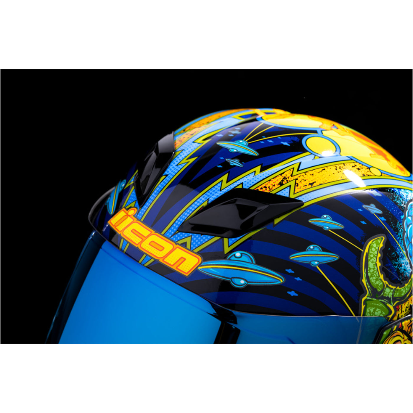 ICON Airflite Bugoid Blitz Helmet Blue - Close-Up of Top Vents, Opened