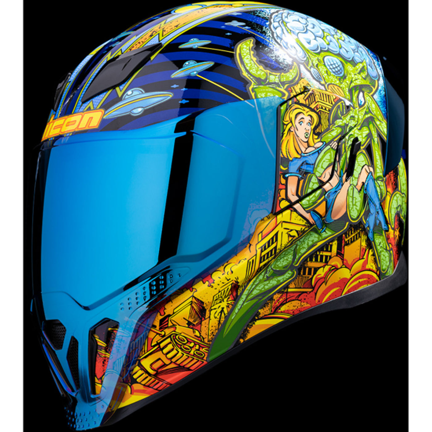 ICON Airflite Bugoid Blitz Helmet Blue - Front Left Side View with Dark Studio Background