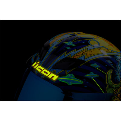 ICON Airflite Bugoid Blitz Helmet Blue - Close-Up of Top Vents with Glow-in-the-Dark Logo