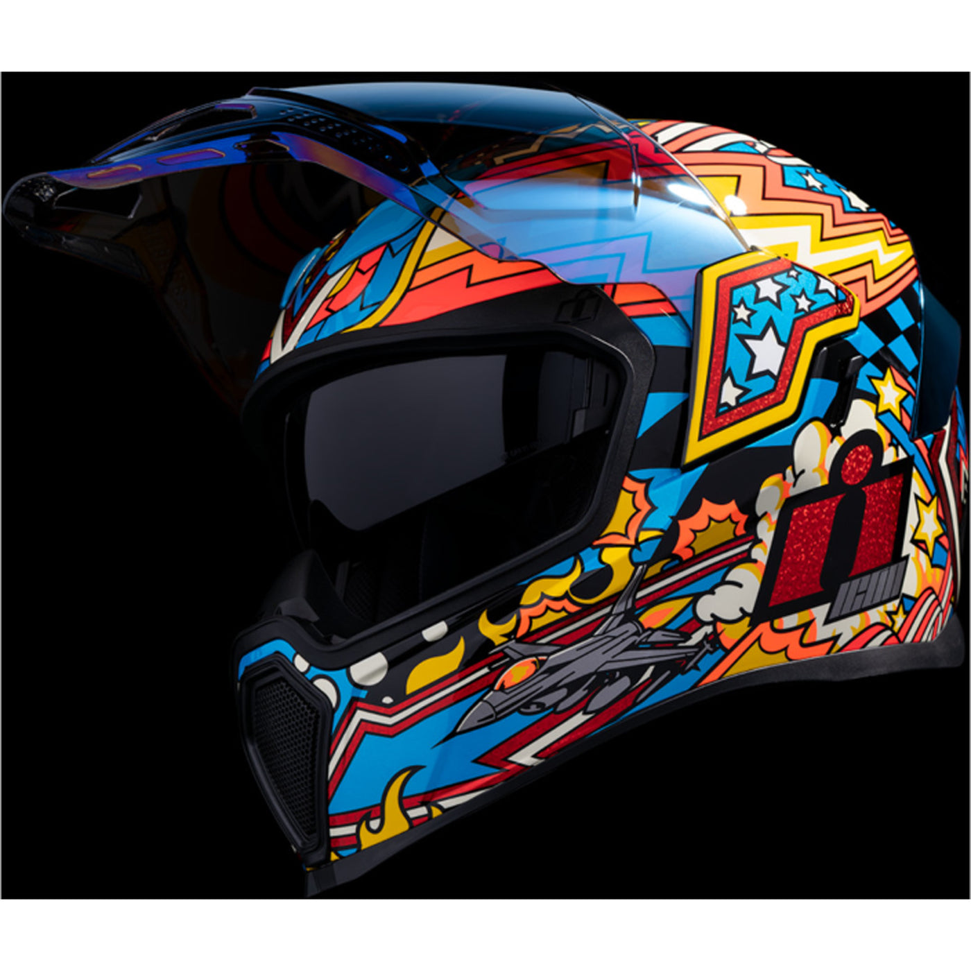 ICON Airflite Flyboy Helmet Blue - Front Left Side View with Dark Studio Background, Faceshield Raised and Drop Down Sun Visor Lowered