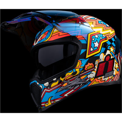 ICON Airflite Flyboy Helmet Blue - Front Left Side View with Dark Studio Background, Faceshield Raised and Drop Down Sun Visor Lowered