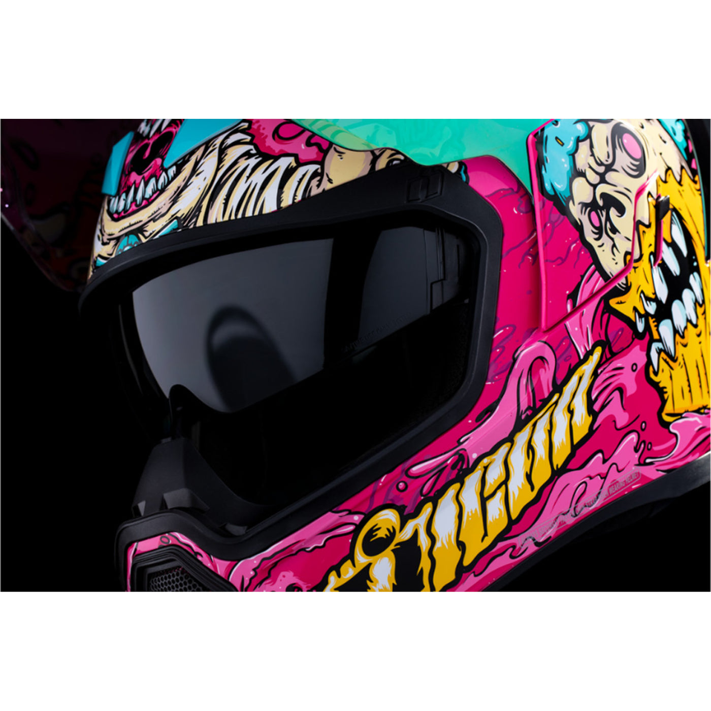 ICON Airflite Snack Attack MIPS Helmet Pink - Close-Up of Viewport with Faceshield Raised and Drop Down Sun Visor Lowered