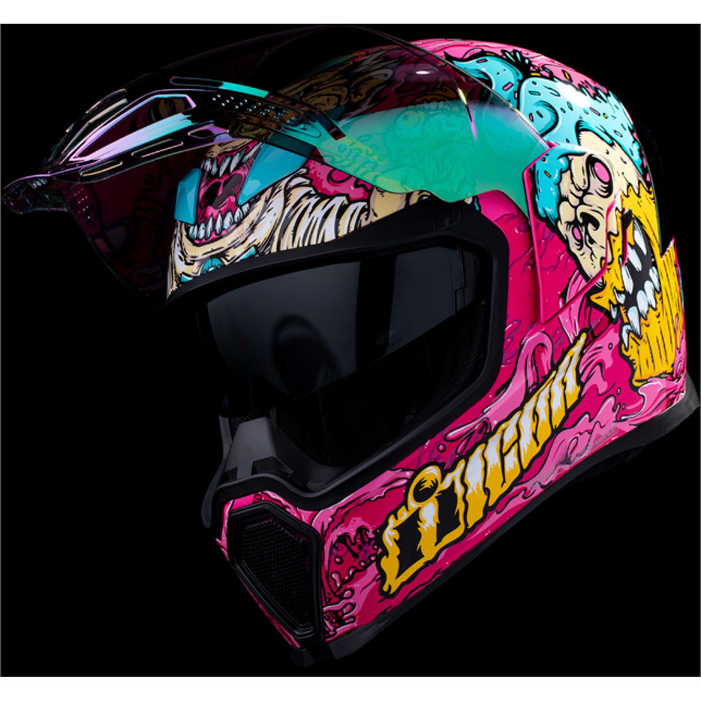 ICON Airflite Snack Attack MIPS Helmet Pink - Front Left Side View with Dark Studio Background, Faceshield Raised and Drop Down Sun Visor Lowered