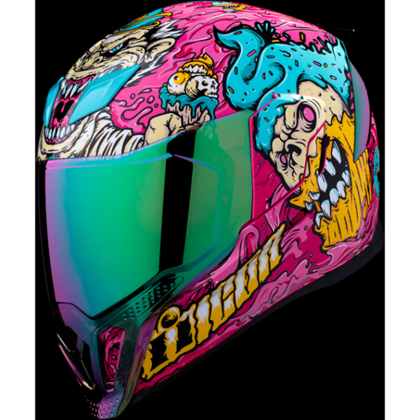 ICON Airflite Snack Attack MIPS Helmet Pink - Front Left Side View with Dark Studio Background