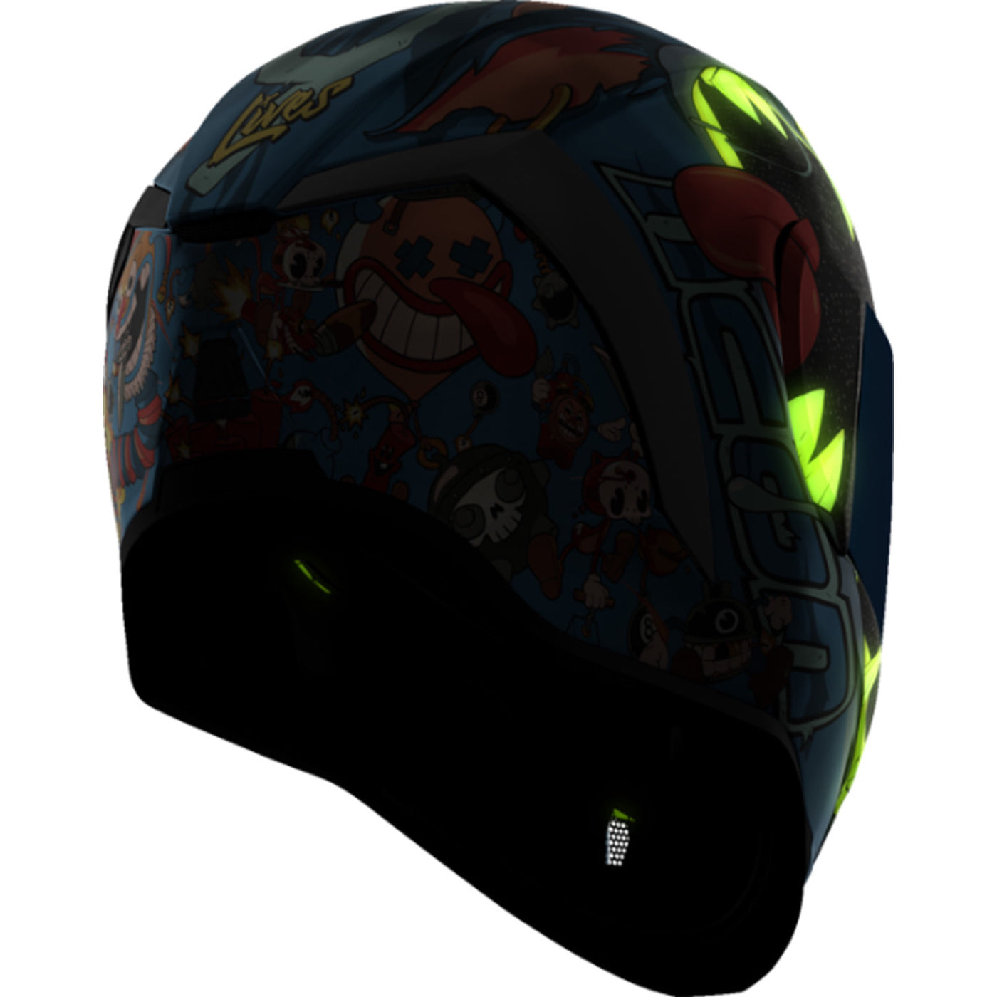 ICON Airform 9 Lives Helmet Blue - Rear Right Side View with Glow-in-the-Dark Graphics