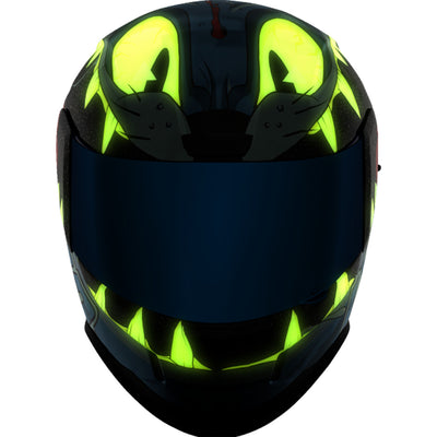 ICON Airform 9 Lives Helmet Blue - Front View with Glow-in-the-Dark Graphics