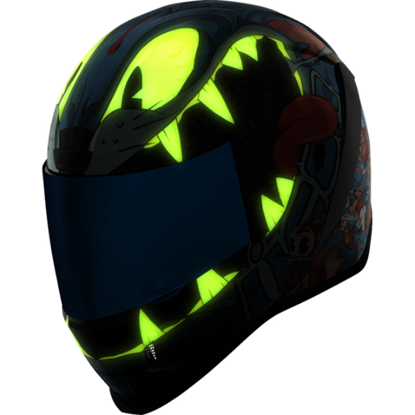 ICON Airform 9 Lives Helmet Blue - Front Left Side View with Glow-in-the-Dark Graphics