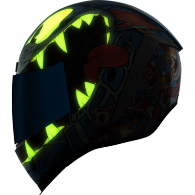 ICON Airform 9 Lives Helmet Blue - Left Side View with Glow-in-the-Dark Graphics