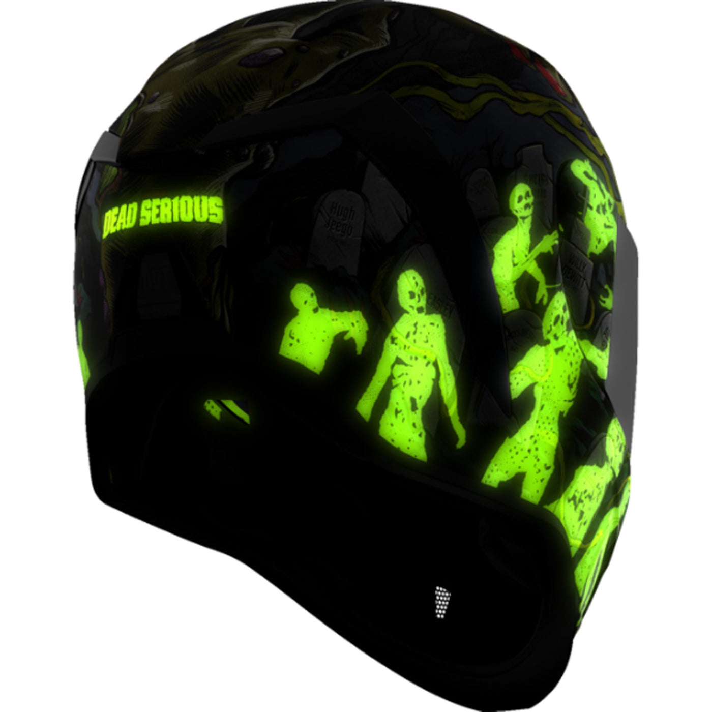 ICON Airform Dead Serious Helmet Black - Rear Right Side View with Glow-in-the-Dark Graphics