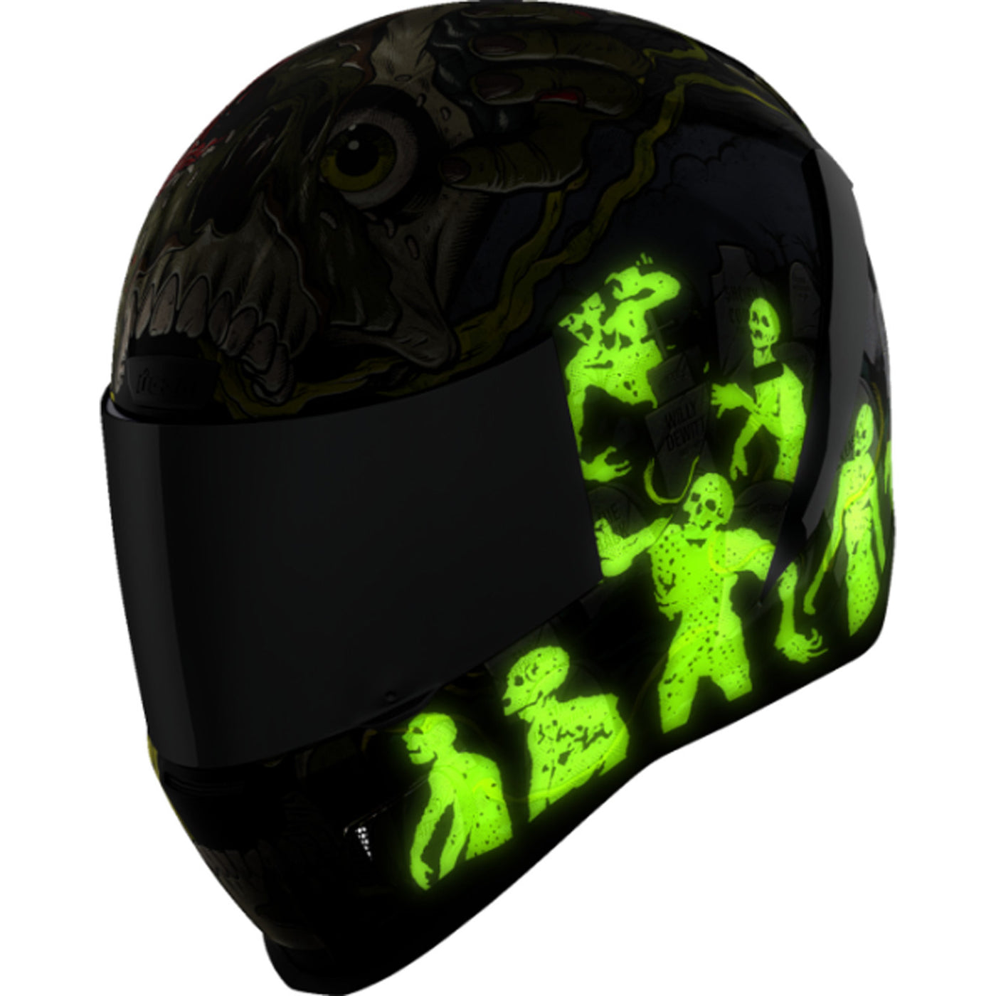 ICON Airform Dead Serious Helmet Black - Front Left Side View with Glow-in-the-Dark Graphics