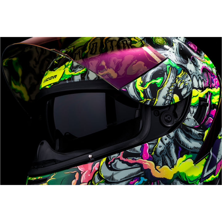 ICON Airform Hippy Dippy Helmet Purple - Close-Up of Viewport with Faceshield Raised and Drop Down Sun Visor Lowered