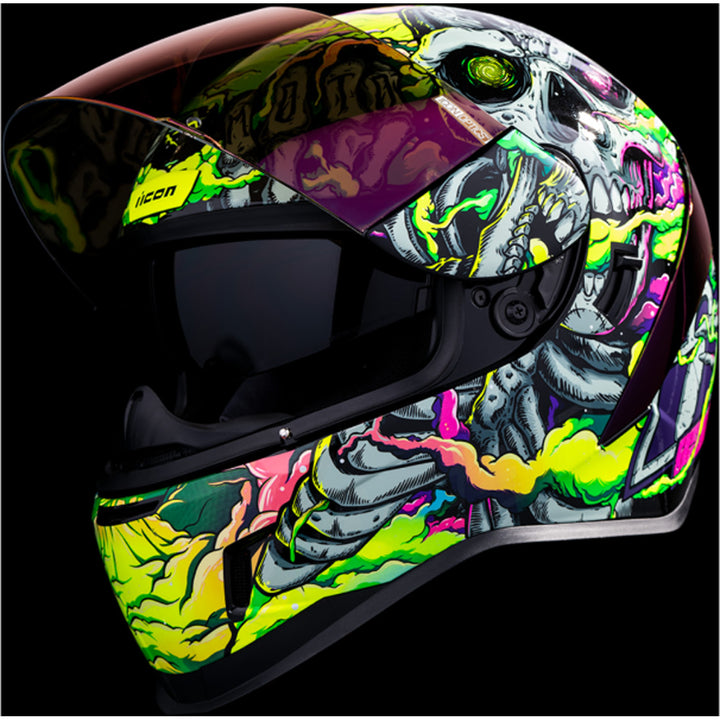 ICON Airform Hippy Dippy Helmet Purple - Close-Up of Front Left Side View with Dark Studio Background, Faceshield Raised, and Drop Down Sun Visor Lowered