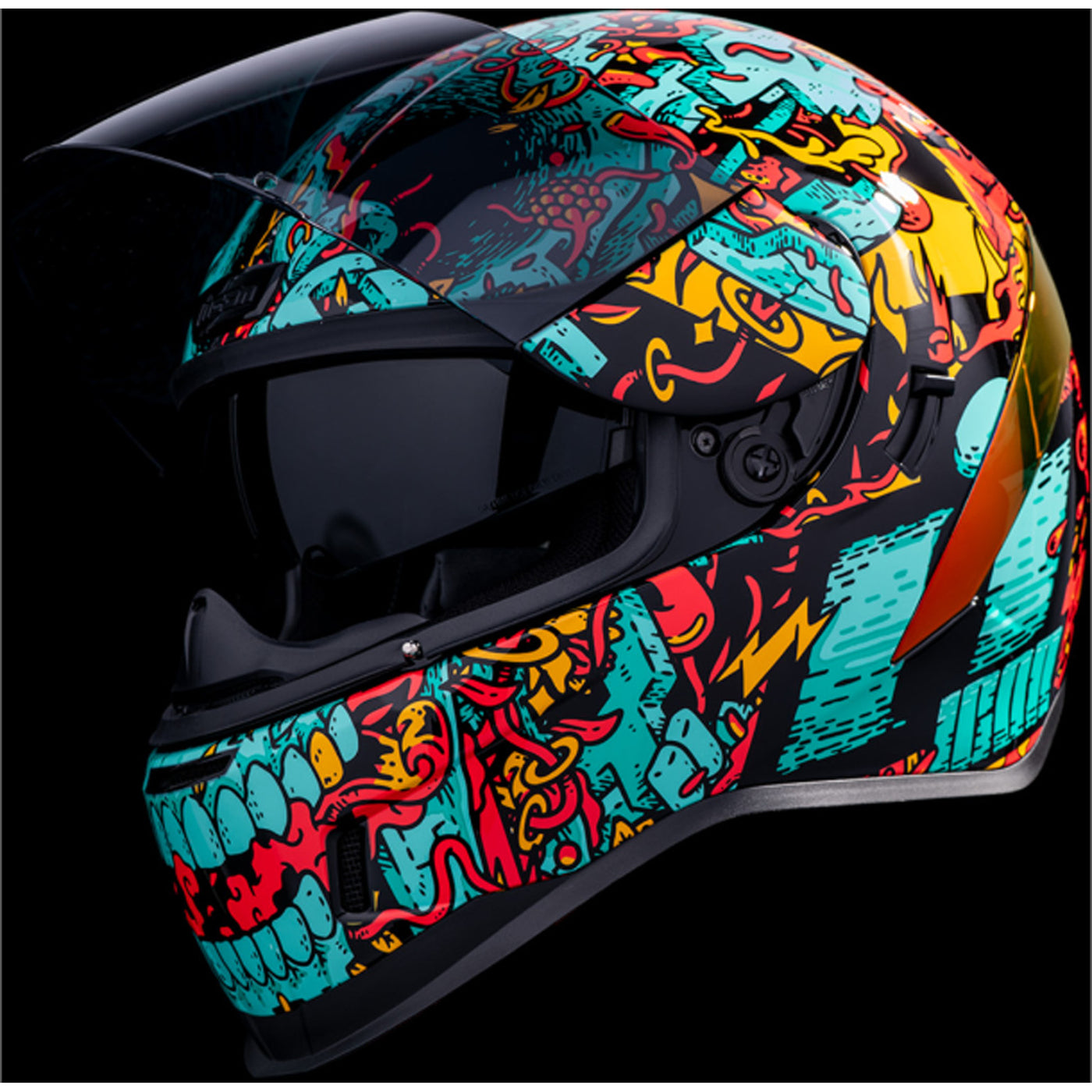 ICON Airform Munchies MIPS Helmet Blue - Front Left Side View with Dark Studio Background, Faceshield Raised, and Drop Down Sun Visor Lowered